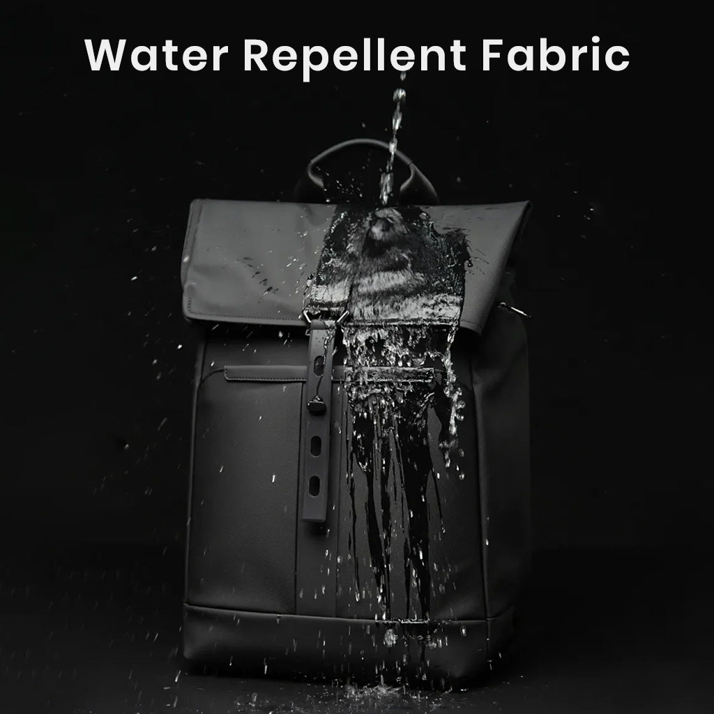BANGE 2888 Roll Top Laptop Backpack featuring water-repellent fabric, protecting contents from rain and spills during travel.