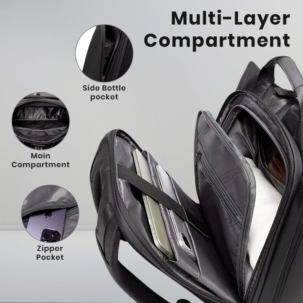 Interior view of BANGE 2888 Backpack showing multi-layer compartments including main, zipper, and side pockets for organized storage.