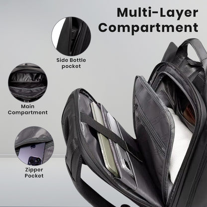 Interior view of BANGE 2888 Backpack showing multi-layer compartments including main, zipper, and side pockets for organized storage.