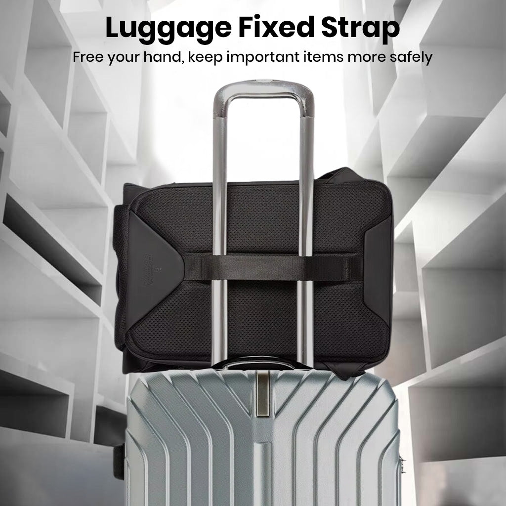 BANGE 2888 Backpack with luggage strap attached to suitcase handle, offering hands-free convenience for frequent travelers.