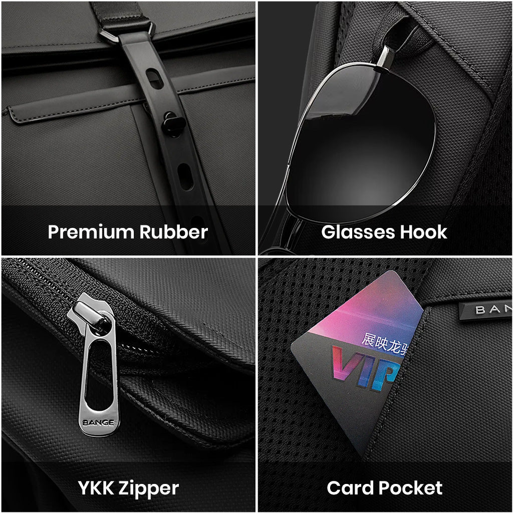 Close-up of BANGE 2888 Backpack details including premium rubber, glasses hook, YKK zipper, and card pocket for added functionality.