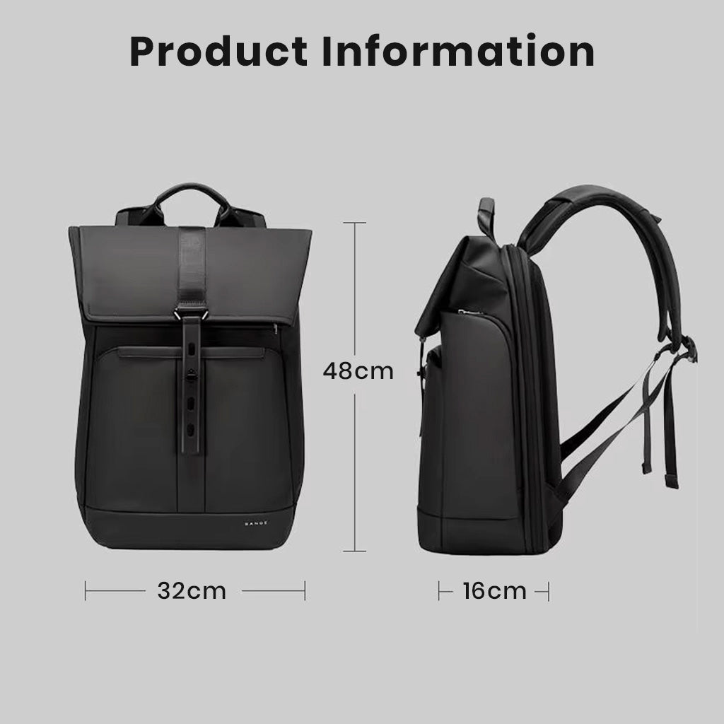 Product dimensions of BANGE 2888 Roll Top Laptop Backpack: 48cm height, 32cm width, 16cm depth, ideal for compact travel.