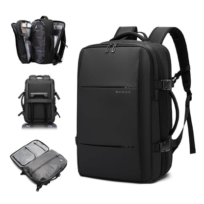 BANGE 1908 Smart Travel Backpack with USB Port features a sleek black design, multi-compartment layout, and fits 17.3-inch laptops. Ideal for business and travel.