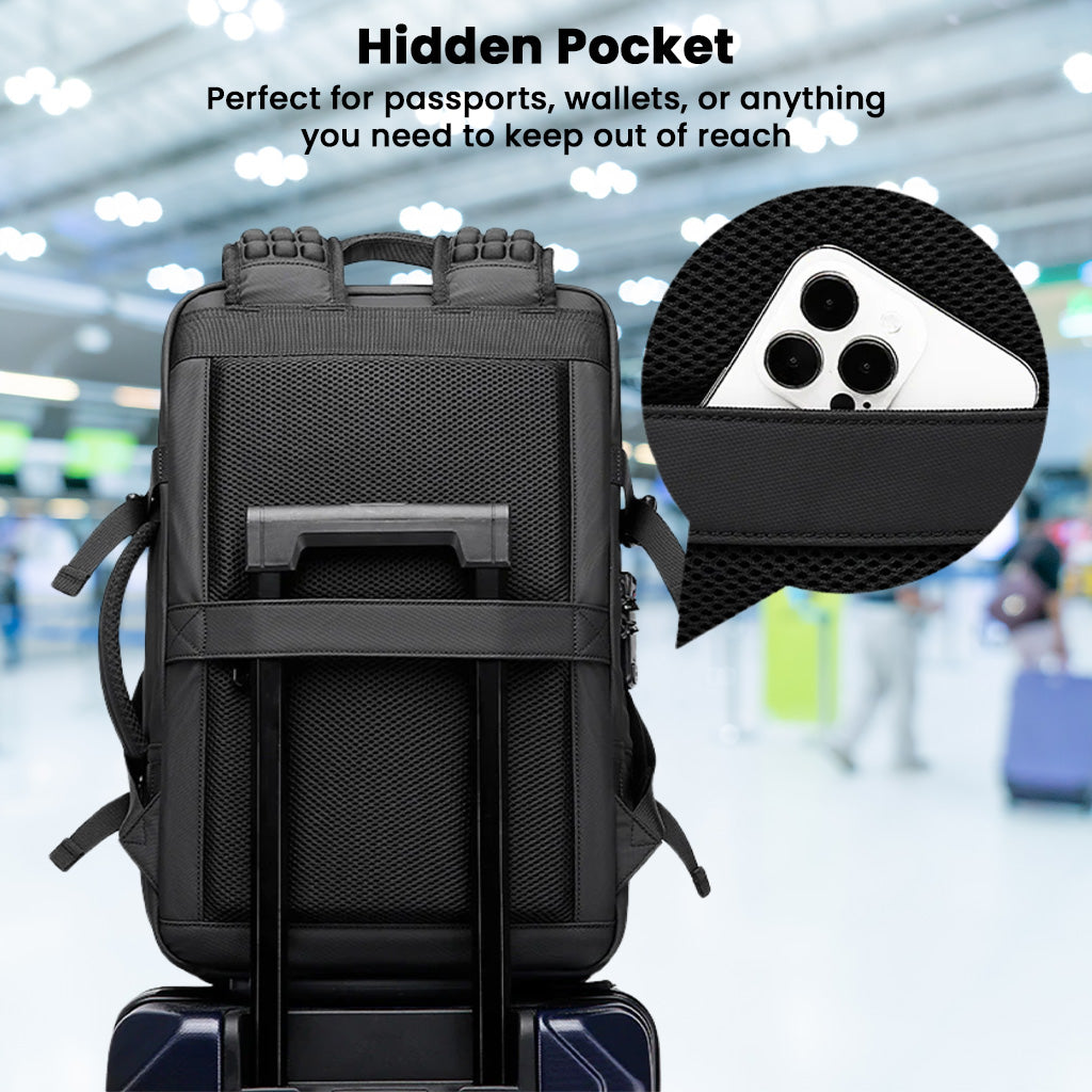 BANGE 1908 Smart Travel Backpack includes a hidden pocket for securing valuables like phones and passports, perfect for airport travel.