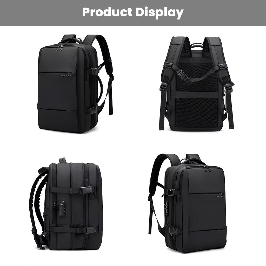 BANGE 1908 Smart Travel Backpack shown from multiple angles, highlighting its sleek design, adjustable straps, and side lock.