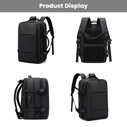BANGE 1908 Smart Travel Backpack shown from multiple angles, highlighting its sleek design, adjustable straps, and side lock.
