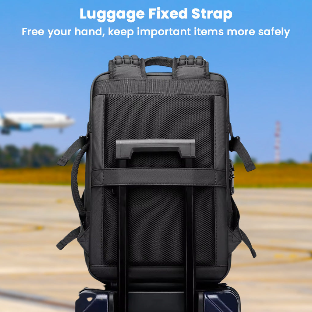 BANGE 1908 Smart Travel Backpack includes a luggage strap for easy attachment to suitcases, enhancing travel convenience.