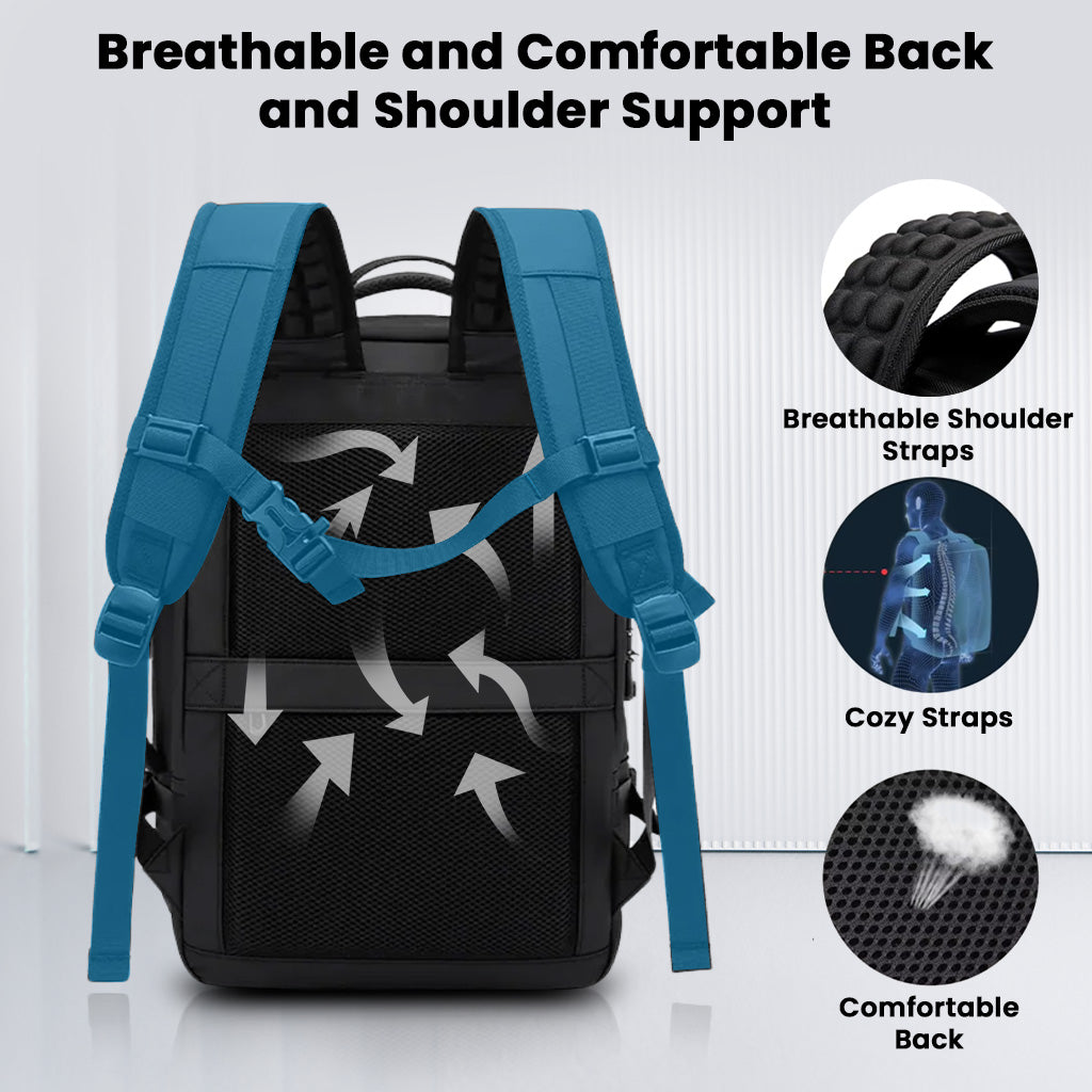 BANGE 1908 Smart Travel Backpack features breathable shoulder straps and back support for comfortable long-term wear.