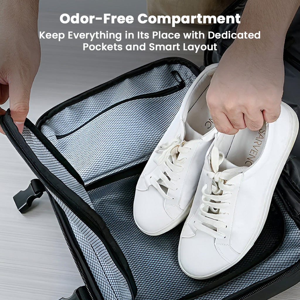 BANGE 1908 Smart Travel Backpack includes an odor-free shoe compartment with smart layout to keep items clean and separated.