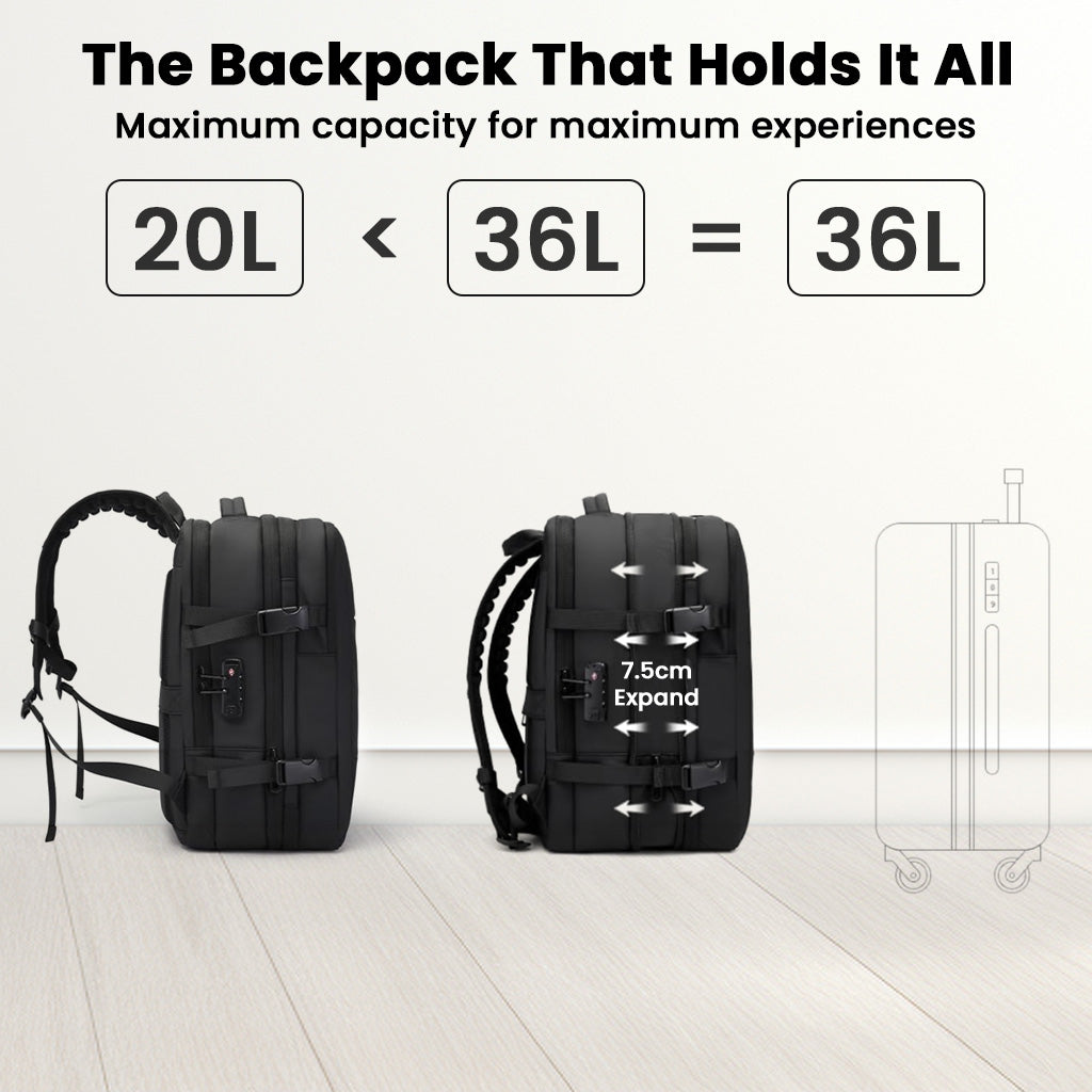 BANGE 1908 Smart Travel Backpack expands from 20L to 36L, maximizing storage capacity for extended trips and daily use.