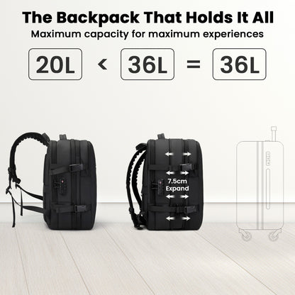 BANGE 1908 Smart Travel Backpack expands from 20L to 36L, maximizing storage capacity for extended trips and daily use.