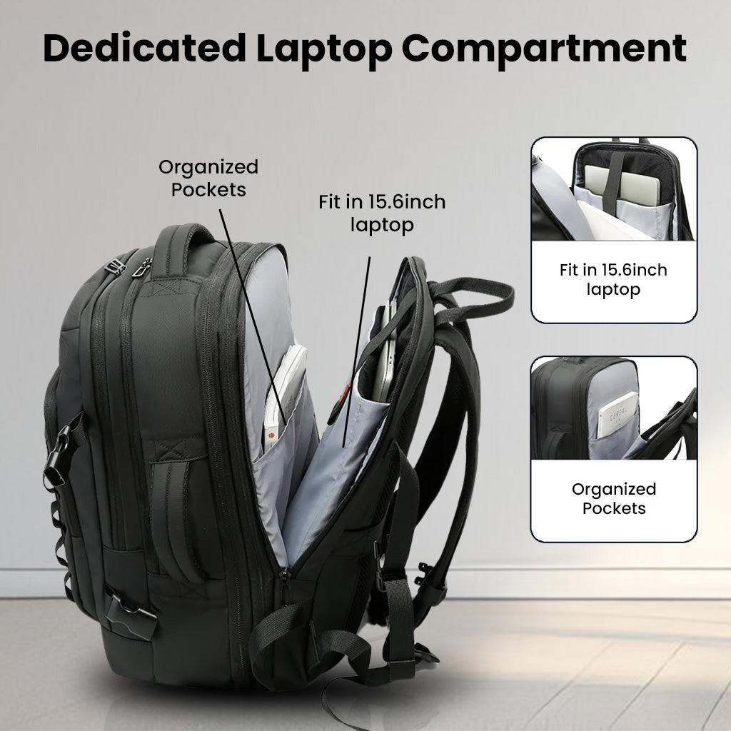 Dedicated laptop compartment in BANGE 3055 Backpack fits 15.6-inch laptops with organized pockets for secure and efficient storage.