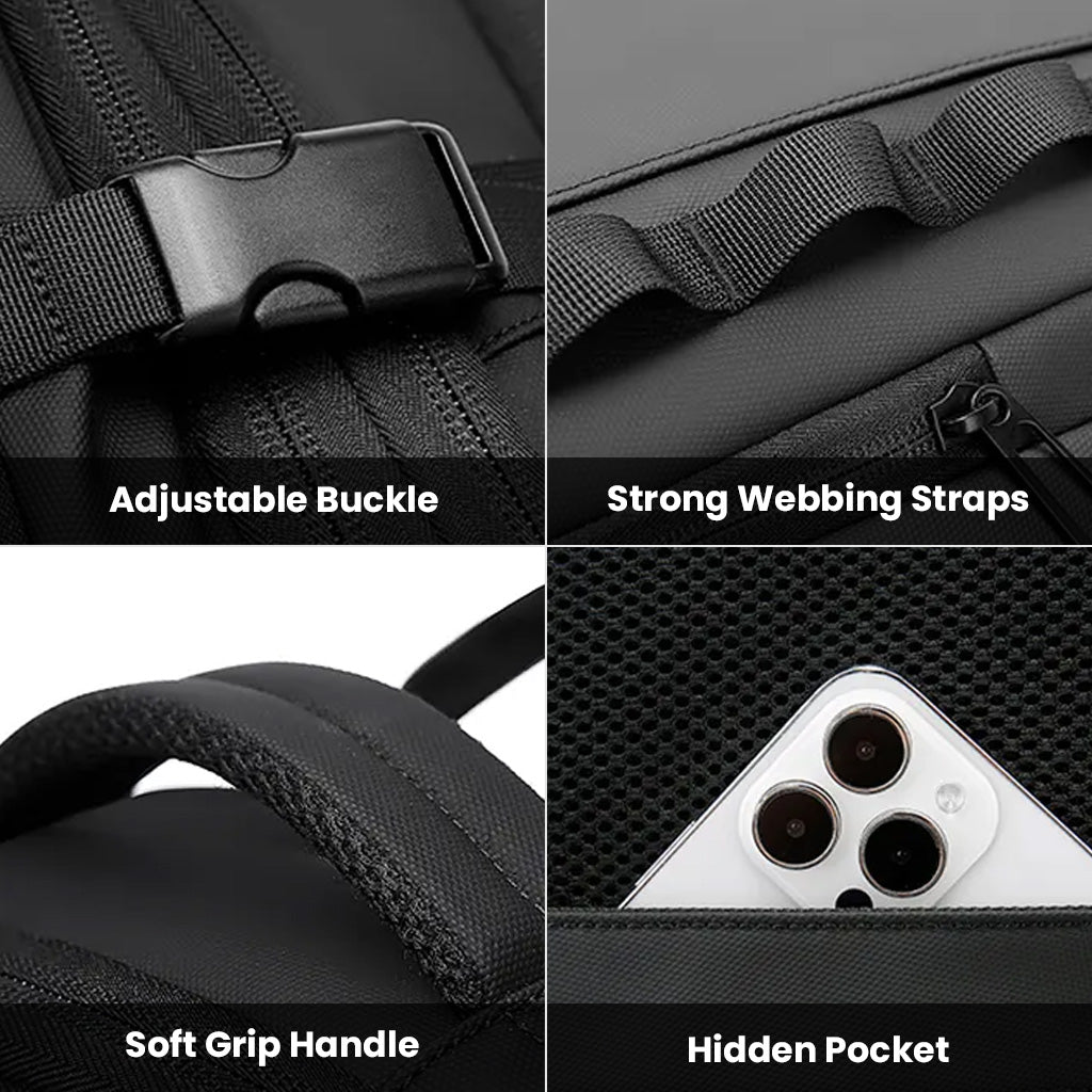 Close-up of BANGE 3055 Backpack features including adjustable buckle, strong webbing straps, soft grip handle, and hidden phone pocket.