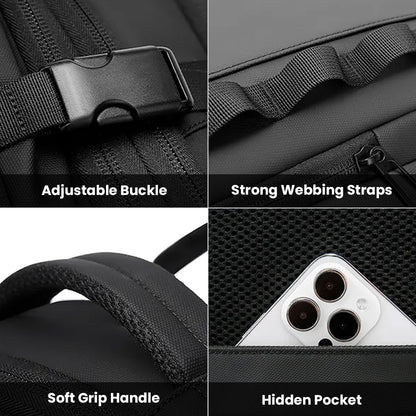 Close-up of BANGE 3055 Backpack features including adjustable buckle, strong webbing straps, soft grip handle, and hidden phone pocket.