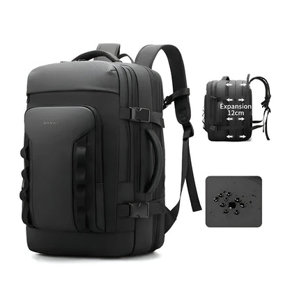 Expandable BANGE 3055 Laptop Backpack 40L with waterproof exterior and 12cm expansion feature, ideal for travel and business trips.