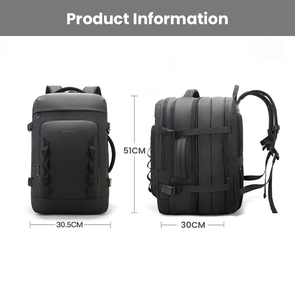 BANGE 3055 Laptop Backpack 40L dimensions shown as 51cm height, 30.5cm width, and 30cm depth, perfect for 15.6-inch laptops and travel gear.