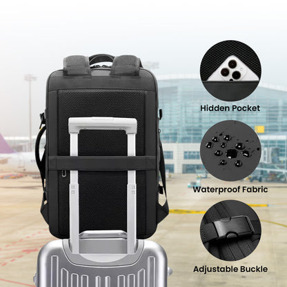 BANGE 3055 Laptop Backpack 40L with waterproof fabric, hidden pocket, and adjustable buckle shown on luggage at airport setting.