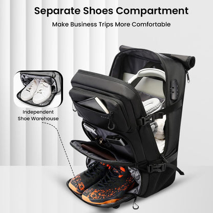 Black BANGE 1810 backpack with open compartments showing organized storage and separate shoe section for convenience.