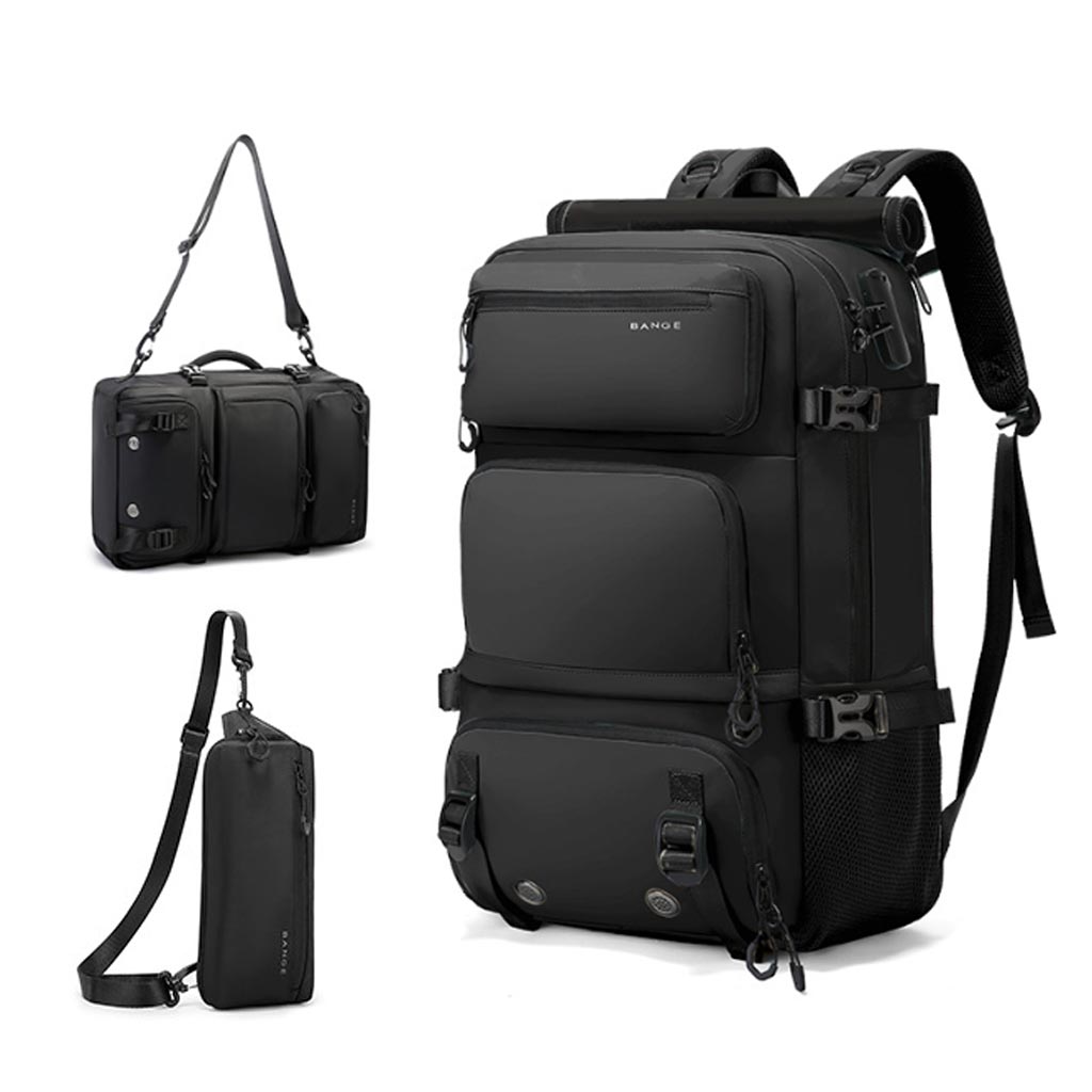 BANGE 1810 35L large capacity backpack in black with detachable sling and shoulder bags, ideal for travel and smart organization.