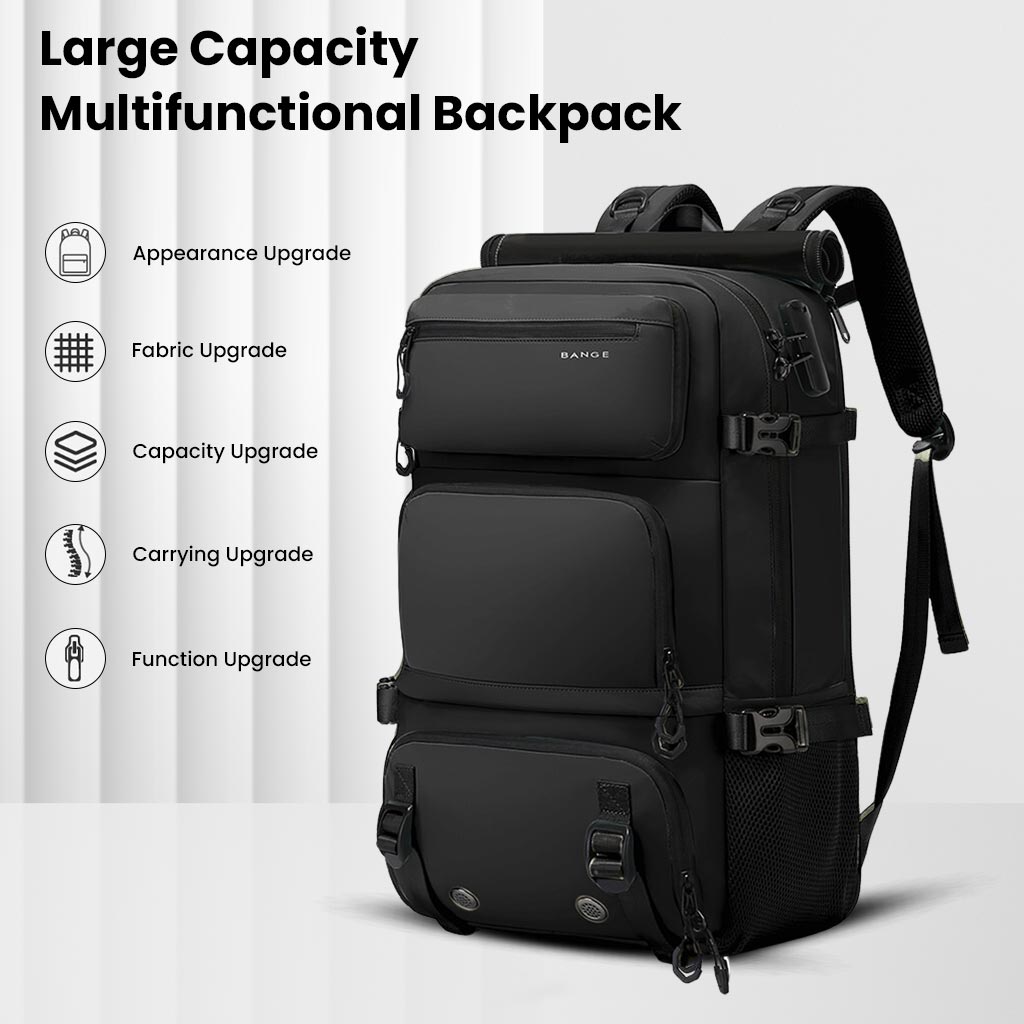 Black BANGE 1810 35L multifunctional backpack showcasing upgrades in appearance, fabric, capacity, carrying, and functionality.