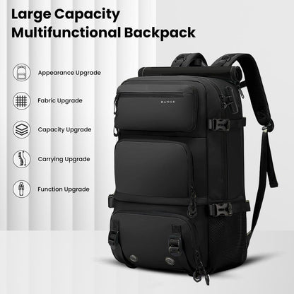 Black BANGE 1810 35L multifunctional backpack showcasing upgrades in appearance, fabric, capacity, carrying, and functionality.