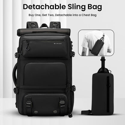 Black BANGE 1810 backpack with detachable sling bag worn as chest bag, offering dual functionality for travelers.