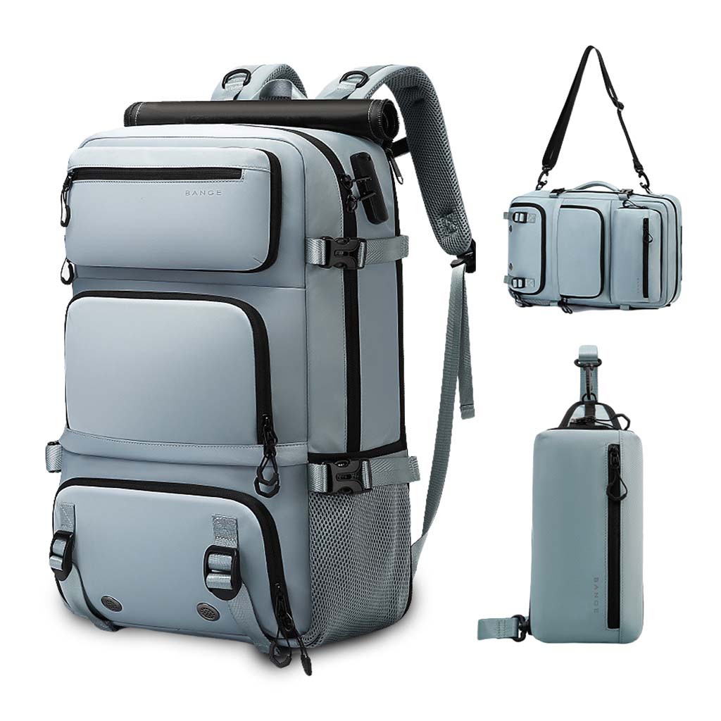 Light blue BANGE 1810 35L multifunctional backpack with detachable sling and shoulder bags, perfect for organized travel and commuting.