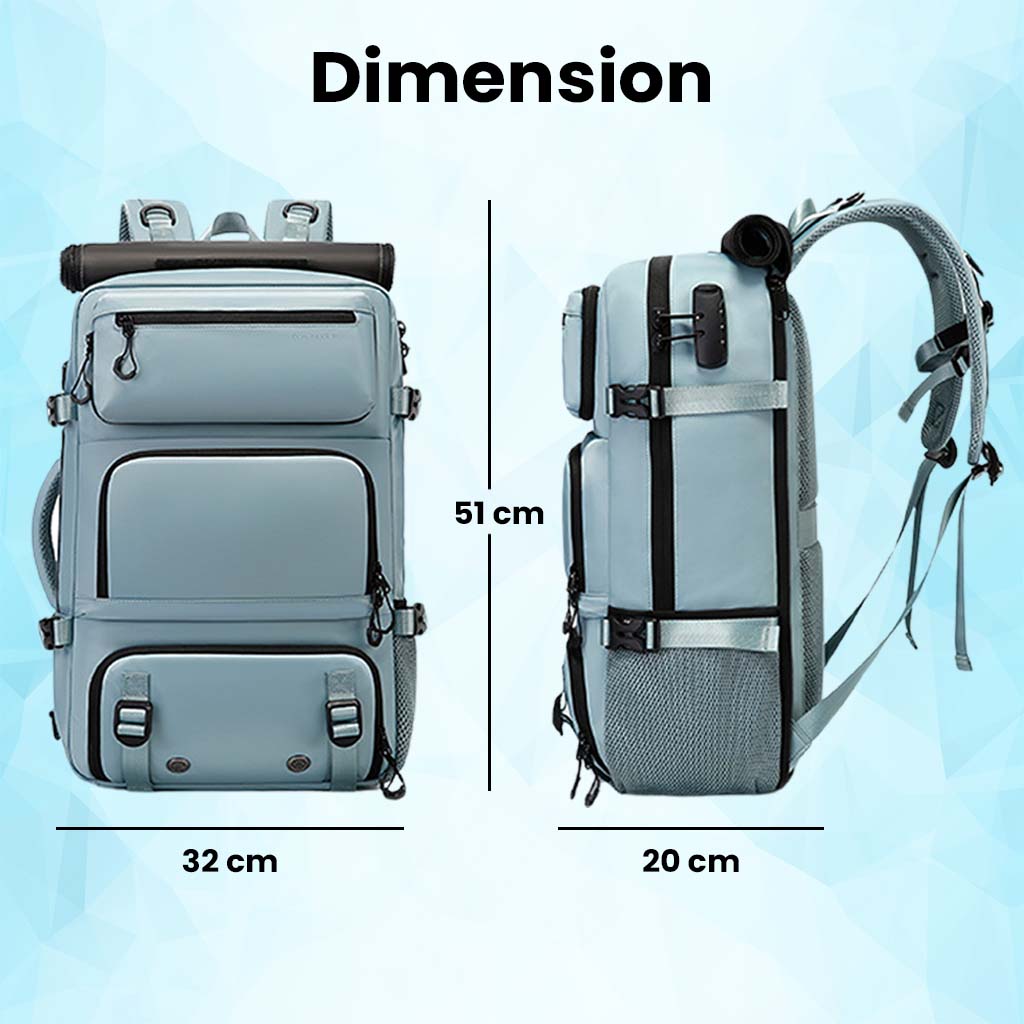 Light blue BANGE 1810 backpack dimensions displayed as 51cm height, 32cm width, and 20cm depth for travel efficiency.