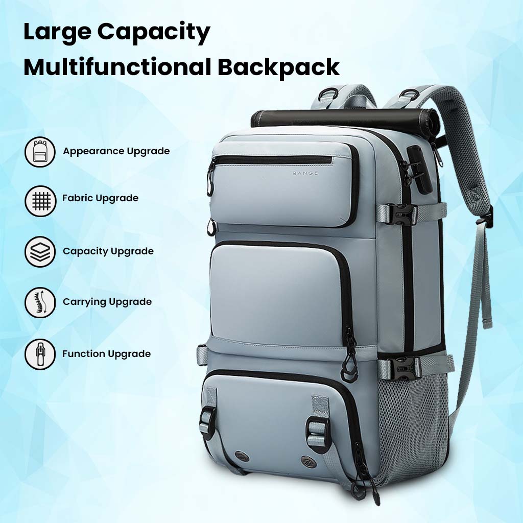 Light blue BANGE 1810 backpack highlighting upgrades in fabric, capacity, function, and carrying comfort for smart travel.