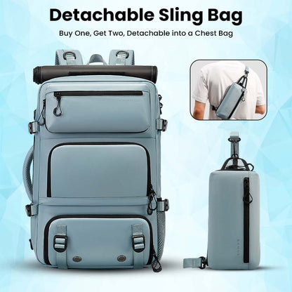 Light blue BANGE 1810 backpack with detachable sling bag worn as chest bag, offering flexible travel options.