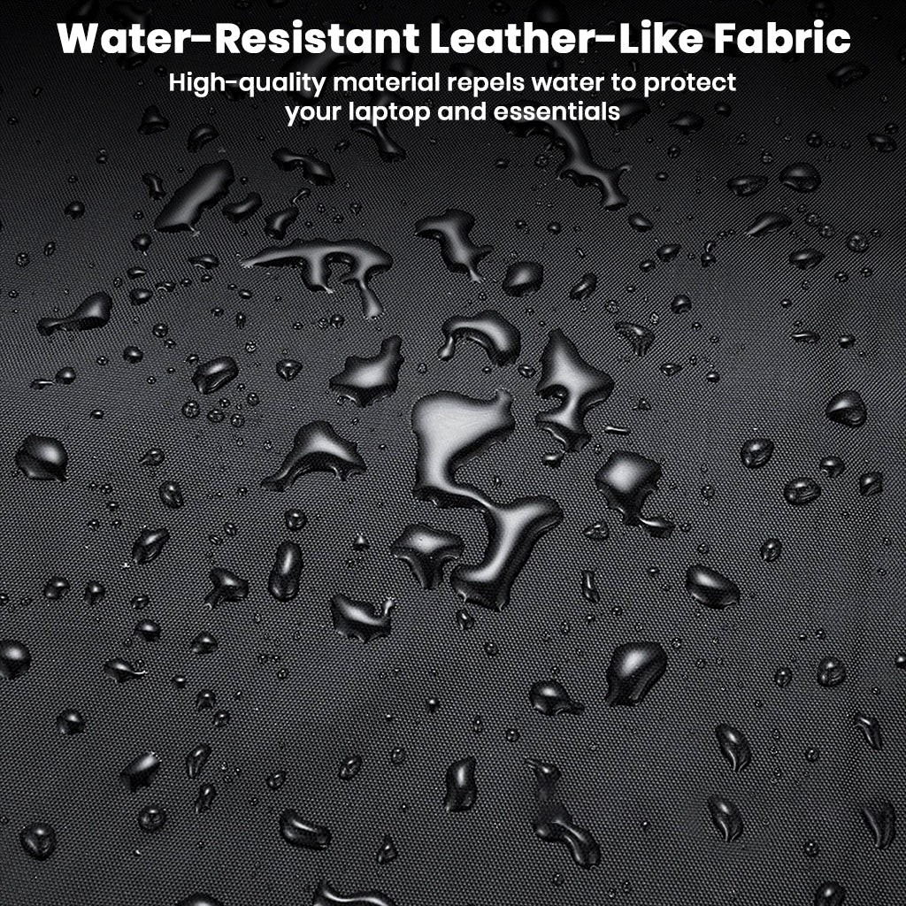 Close-up of BANGE Laptop Bag’s water-resistant leather-like fabric, repelling water to protect electronics and essentials inside.