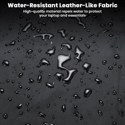 Close-up of BANGE Laptop Bag’s water-resistant leather-like fabric, repelling water to protect electronics and essentials inside.