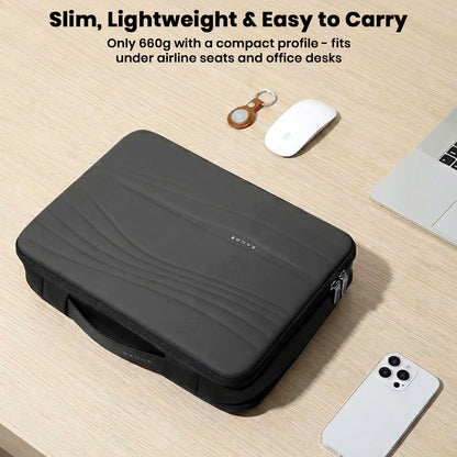 Slim and lightweight BANGE Laptop Bag weighing 660g, fits under desks and airline seats, perfect for daily carry and travel.