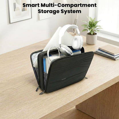 BANGE 14" Laptop Messenger Bag with smart multi-compartment storage system, showcasing organized tech and accessories on a desk.
