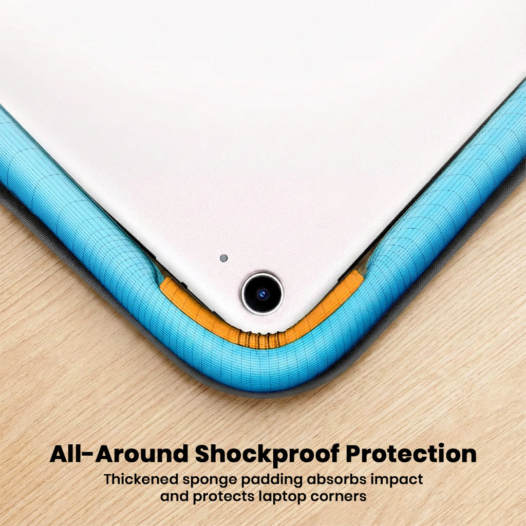 All-around shockproof protection in BANGE Laptop Bag with thick sponge padding to absorb impact and protect laptop corners.