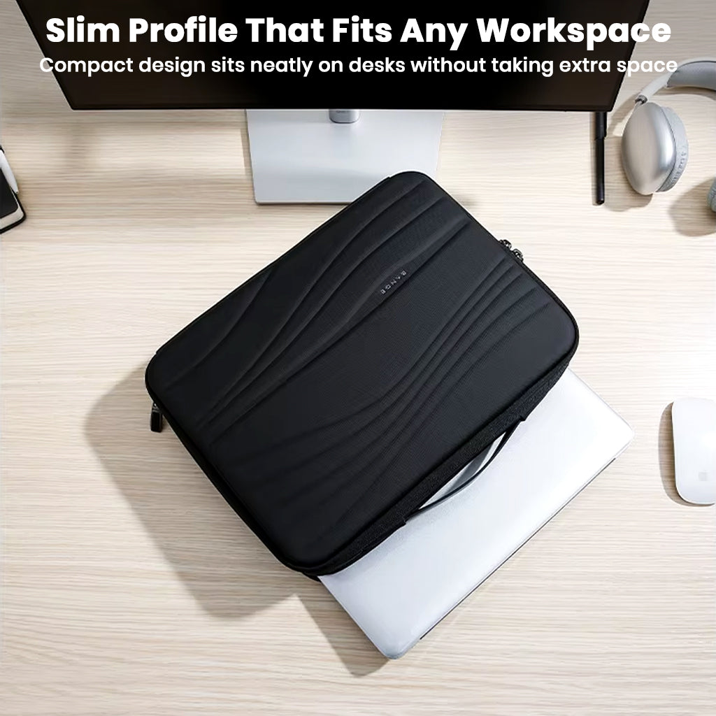 Compact BANGE Laptop Messenger Bag with slim profile fits neatly on workspaces, perfect for organized desk setups.