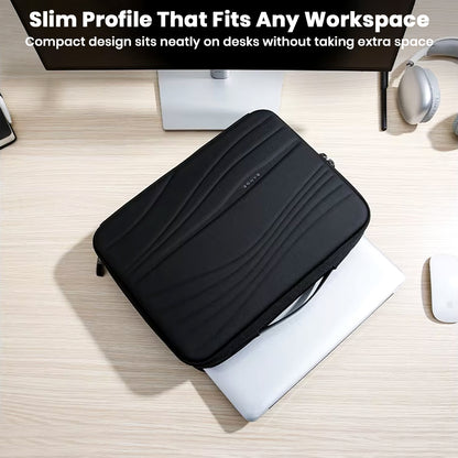 Compact BANGE Laptop Messenger Bag with slim profile fits neatly on workspaces, perfect for organized desk setups.