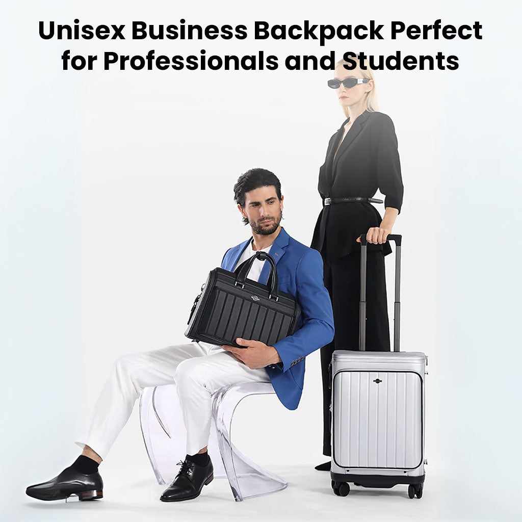 Unisex professionals modeling BANGE YZ350 laptop briefcase and luggage, ideal for business and student use.