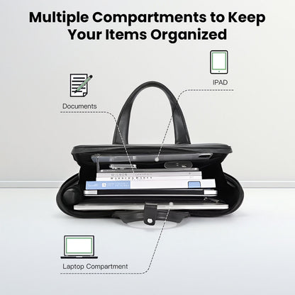 Top view of BANGE YZ350 business bag with labeled compartments for laptop, iPad, and A4 documents, ensuring organized storage.