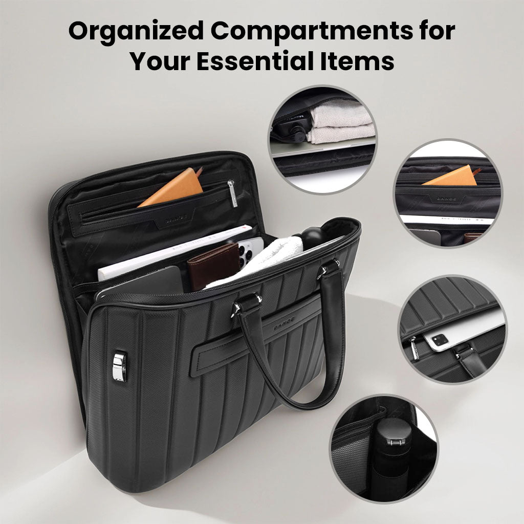 Interior view of BANGE YZ350 office laptop bag showing organized compartments for iPad, phone, documents, and accessories.