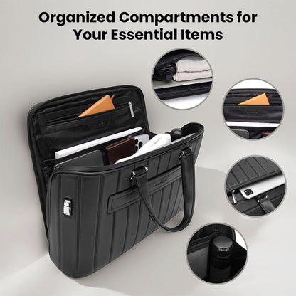 Interior view of BANGE YZ350 office laptop bag showing organized compartments for iPad, phone, documents, and accessories.