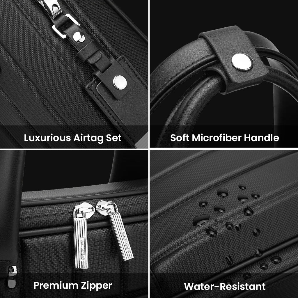 Close-up of BANGE YZ350 features including luxurious Airtag set, microfiber handle, premium zipper, and water-resistant material.