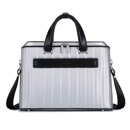 Rear view of BANGE YZ350 silver office laptop bag with black strap and handle, ideal for business professionals.