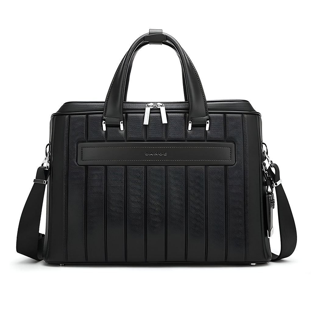 Back view of BANGE YZ350 black laptop business bag with luggage strap and premium zippers for secure travel use.