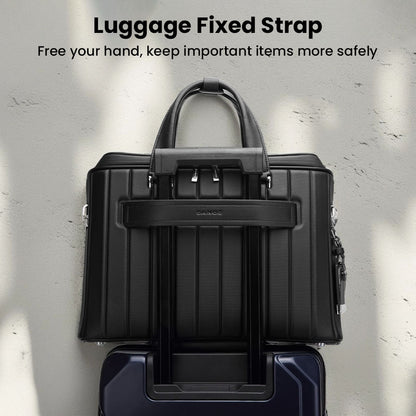 BANGE YZ350 black laptop bag attached to luggage handle with fixed strap, perfect for travel convenience and safety.