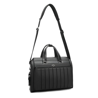 Side view of BANGE YZ350 black business briefcase with adjustable shoulder strap, perfect for carrying laptops and documents.