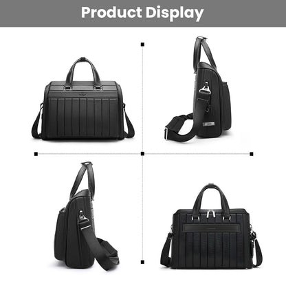 Multi-angle product display of BANGE YZ350 black laptop briefcase showing front, side, and back views for full detail.