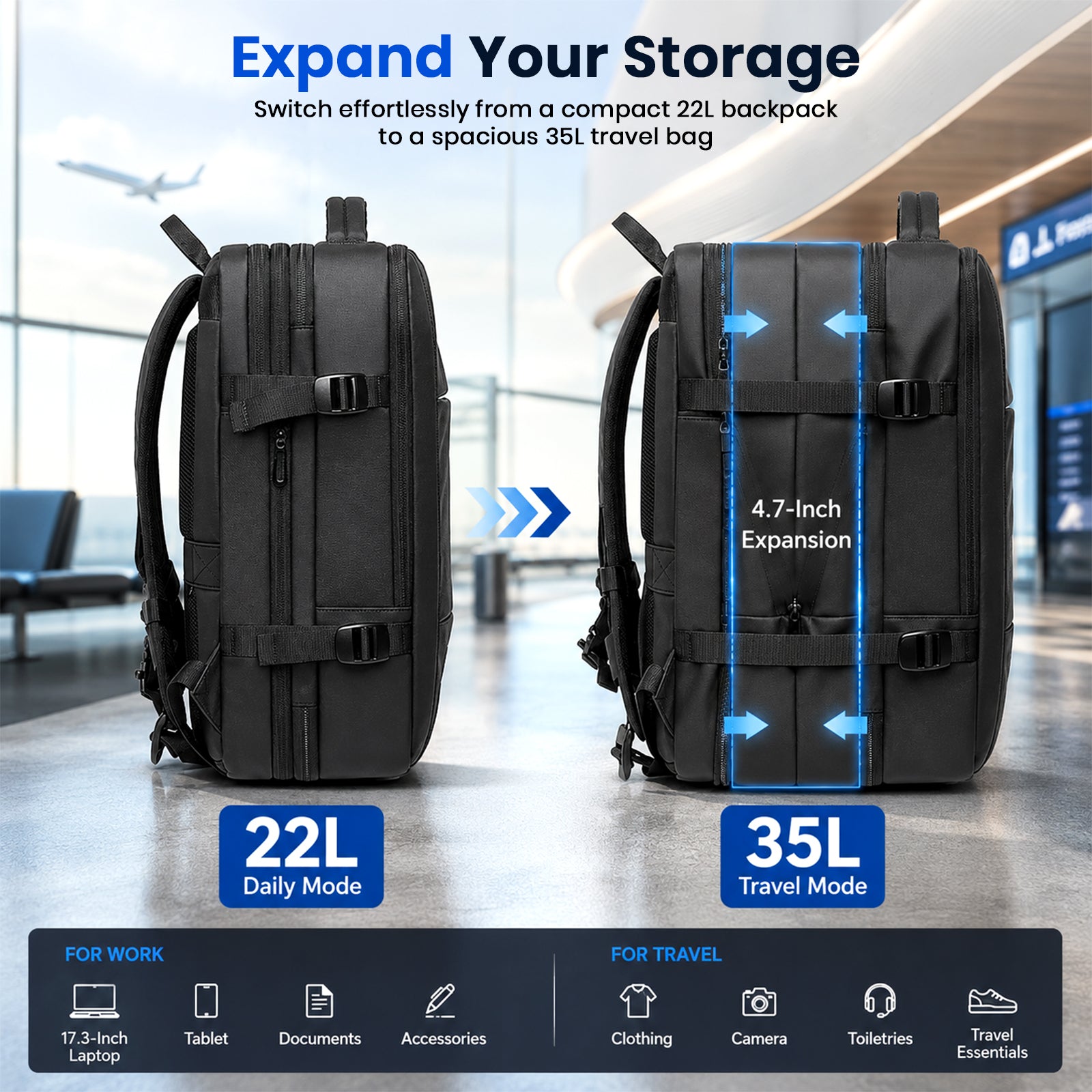 BANGE 1908 Expandable Waterproof Travel Backpack & Convertible Duffle Bag with USB Port