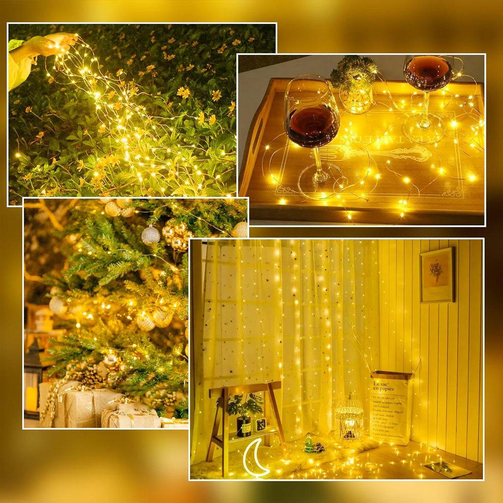 Battery Fairy Lights 10M with 100 Warm LEDs used in various festive scenes like Christmas trees, garden decor, and cozy indoor settings.