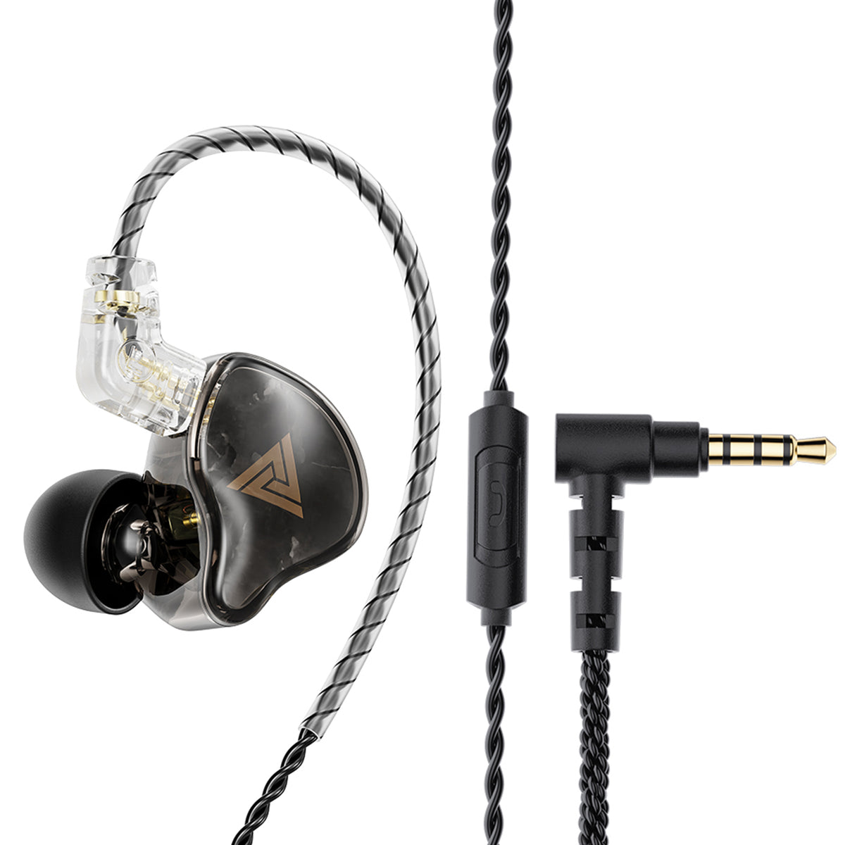 Black and silver braided cable with 3.5mm gold-plated audio jack, connected to in-ear monitors, on a white background